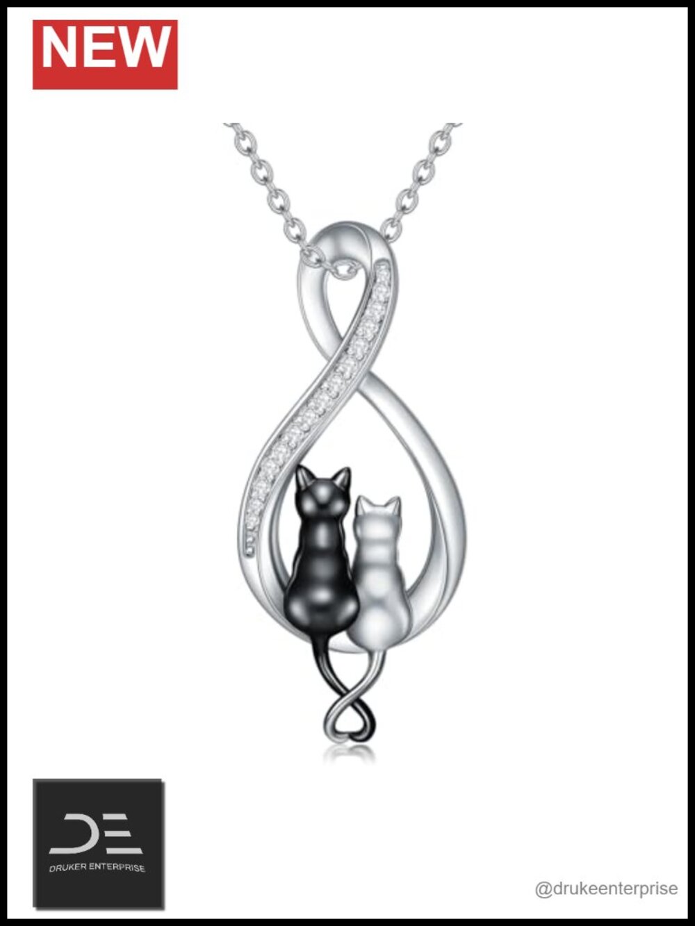 925 Sterling Silver Cat Two Cats Moon Pendant Necklace Women Lab Grown Diamonds